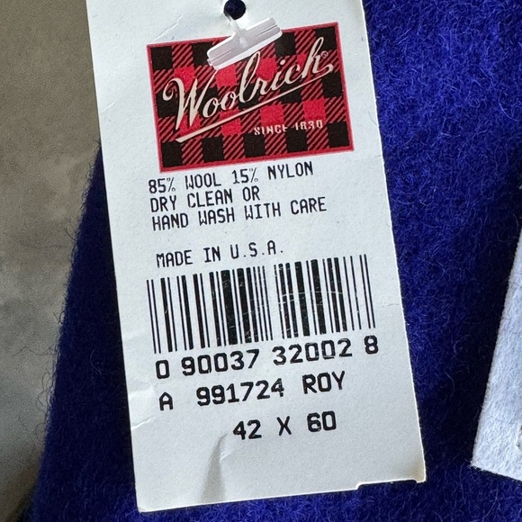 NWT vintage Woolrich blue wool stadium Blanket with white letter B, 42x60” - Picture 2 of 6